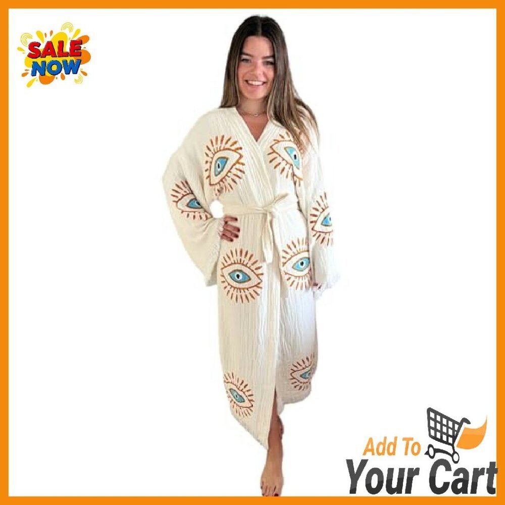 Handmade Evil Eye Kimono Boho Cotton Cardigan Festival Beach Cover Up - Picture 3 of 8